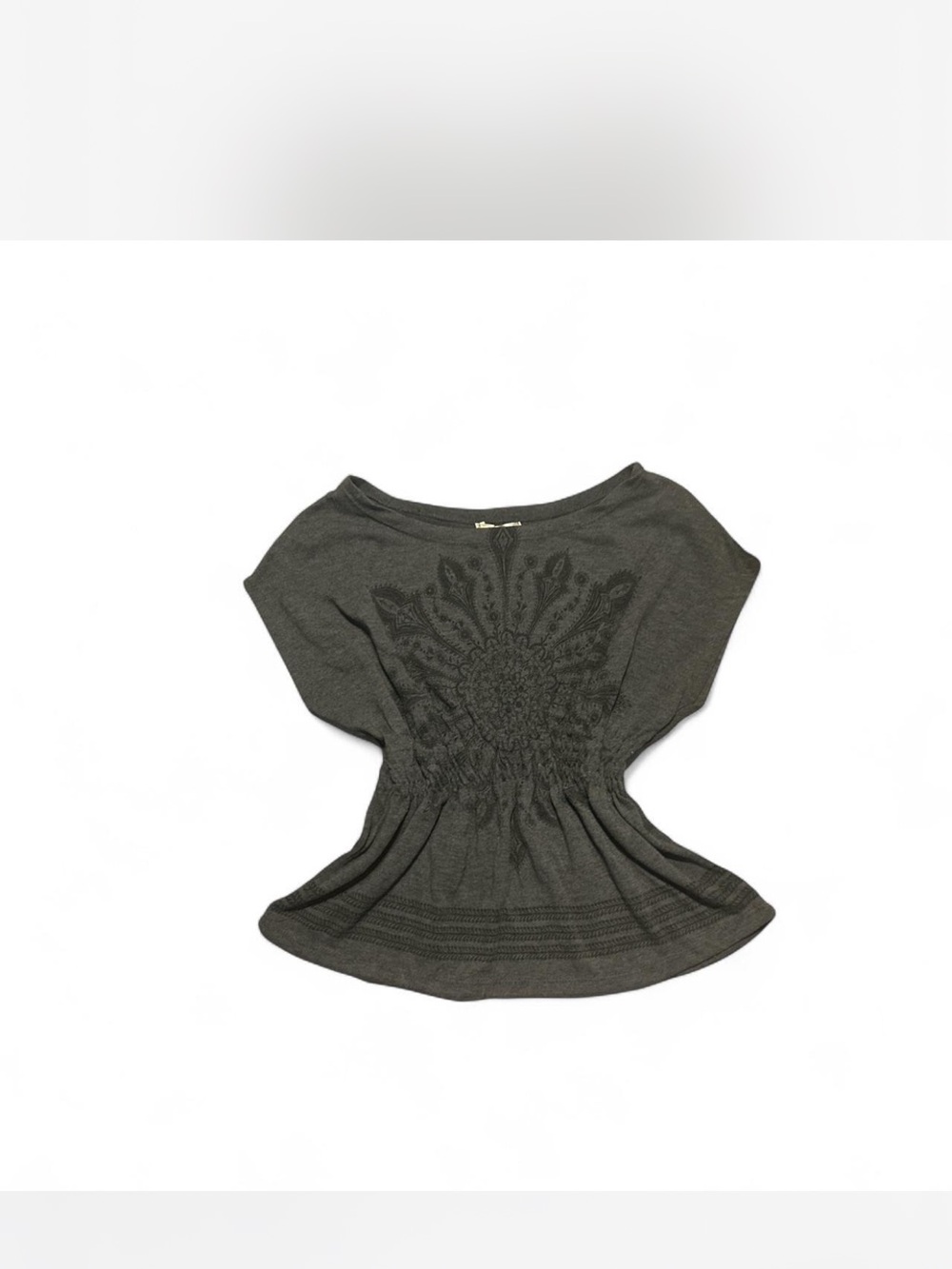 Womens Charcoal Gray Short Sleeve Smocked Waist Top
